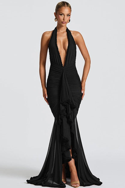 Mesh Panel Halter V Neck Backless Elegant Party Dress