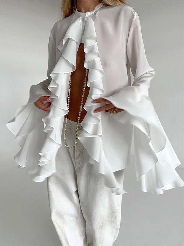 Round Neck Trumpet Sleeve Ruffled Chiffon Shirt