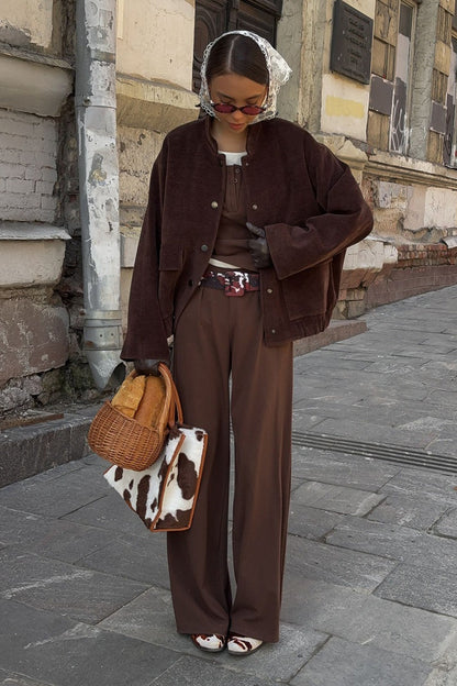 Coffee Corduroy Stand-Collar Loose Jacket