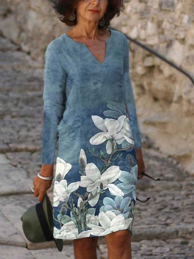 A Line Dress Knee Length Dress White Yellow Pink Long Sleeve Floral Print Winter Fall Autumn V Neck Casual Winter Dress Fall Dress  S M L XL XXL 3XL for Women