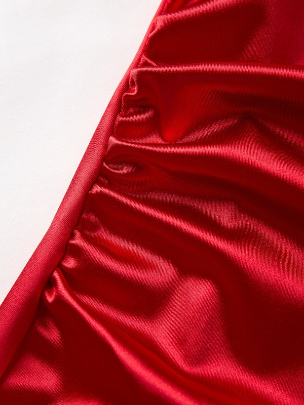 Glossy Solid Off Shoulder Thigh Split Maxi Dress