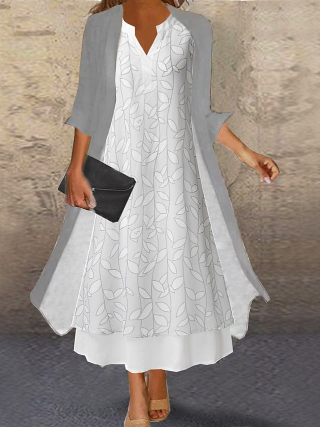 A Line Dress Midi Dress Gray 3/4 Length Sleeve Print Pure Color Ruched Fall Spring Crew Neck Elegant Casual Classic  S M L XL XXL 3XL / Loose for Women