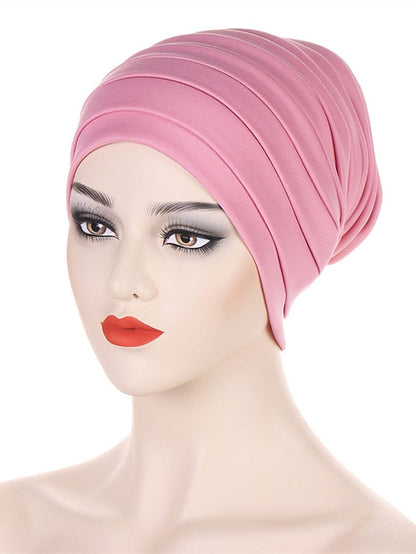 Candy Color Ladies Head Wraps Muslim Hijab Bonnets Fashion Headgear Trendy Elastic Full Body Pleated Turban Cap for Women for Women