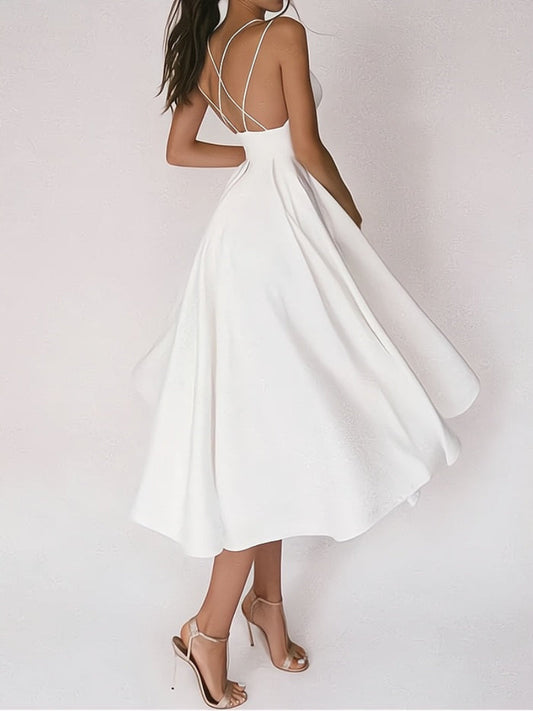 Vestido elegante de mujer con escote en V y cintura ceñida para invitada de boda | Ideal para primavera/verano