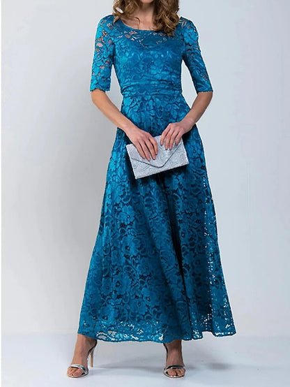 A Line Dress Maxi long Dress Royal Blue Lace Dress Half Sleeve Floral Solid Color Ruched Print Spring Summer Crew Neck Stylish Elegant  S-3XL for Women