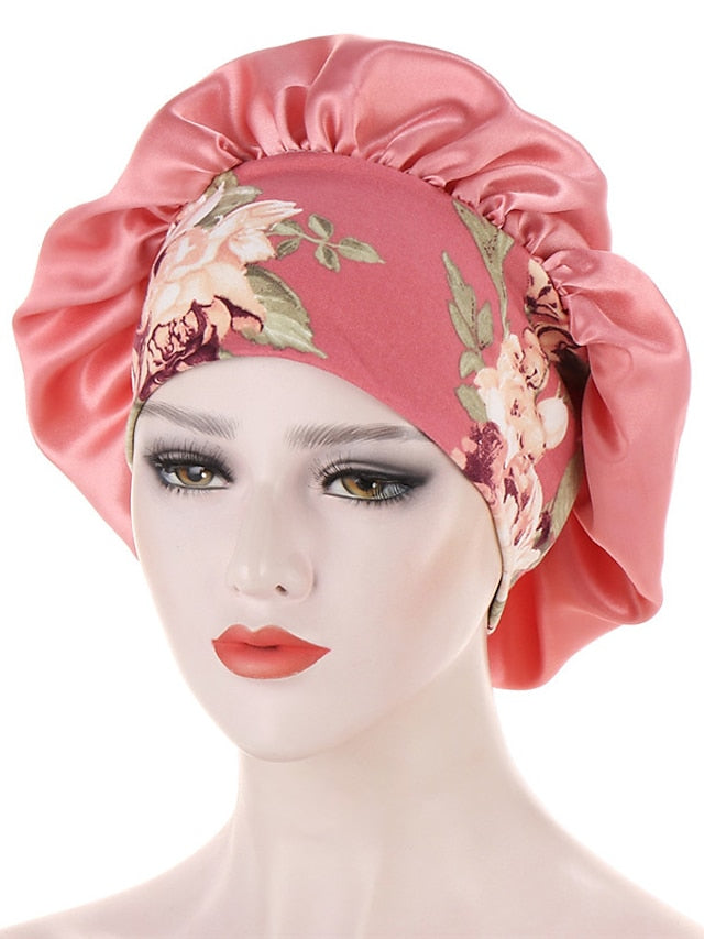 Women Satin Night Beauty Salon Sleep Cap Bonnet Hat Silk Headwrap Floral Print Wide Elastic Band Curly Springy Hair Chemo Cap Sleep Cap for Women