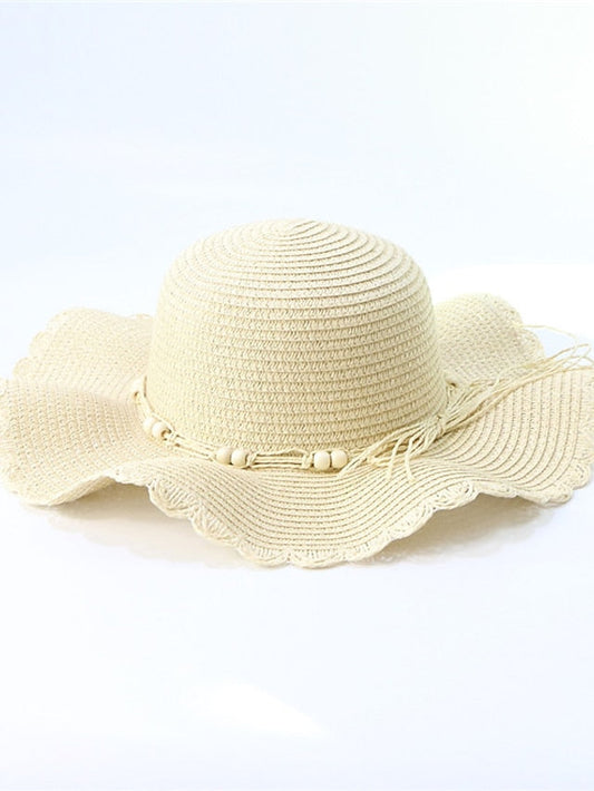 New Summer Wide-Brimmed Sunscreen Fashion Wooden Beads Wave Straw Hat Holiday Beach Hat for Women