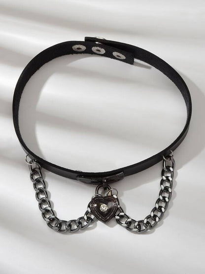 Black Gothic Ajustable Pu Leather Choker Collar Necklace With Heart Pendant for Women