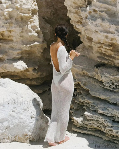 Black Knitted Sexy Backless Slim Long Sleeve Maxi Dress