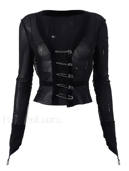 Black Mesh Safety Pin Cardigan
