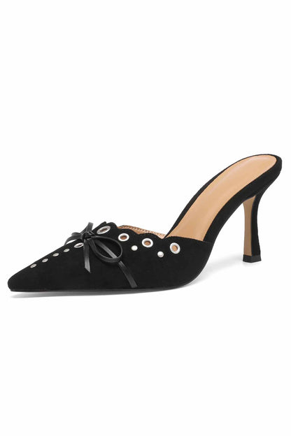 Suede Point Toe Bow Hollow Mule Pumps