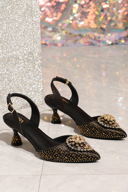 Pointed Rhinestone High Heels With Bow Hand Bag