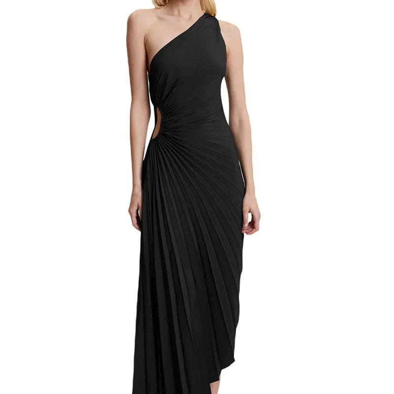 Women's Elegant One Shoulder Cinched Waist Pleated Evening Dress | Ideal for Spring/Summer