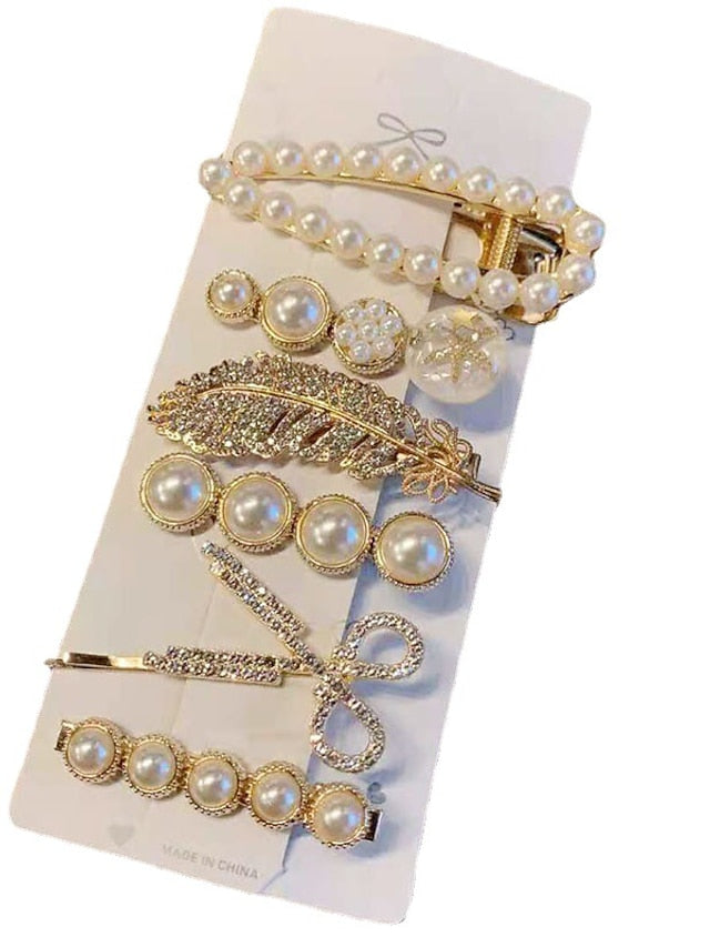 5 Pcs Fashion Hair Clips Set New Pearls and Acrylic Resin and Rhinestone Imitation Handmade Hair Barrettes Glitter Crystal Geometric Hairpin Elegant Gold Hair Accessories Gifts for Women Girls Ladies for Women