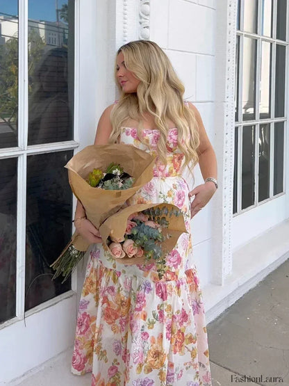 Blue Floral Print Casual Midi Dress Elegant Summer Floral Dress