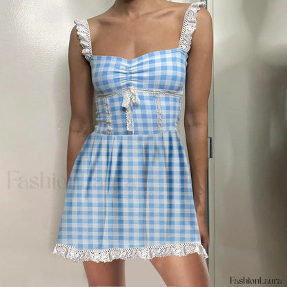Blue Gingham Babydoll Mini Dress