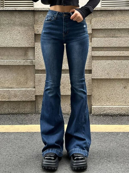 Blue Wash Distressed Stretch Flare Jeans