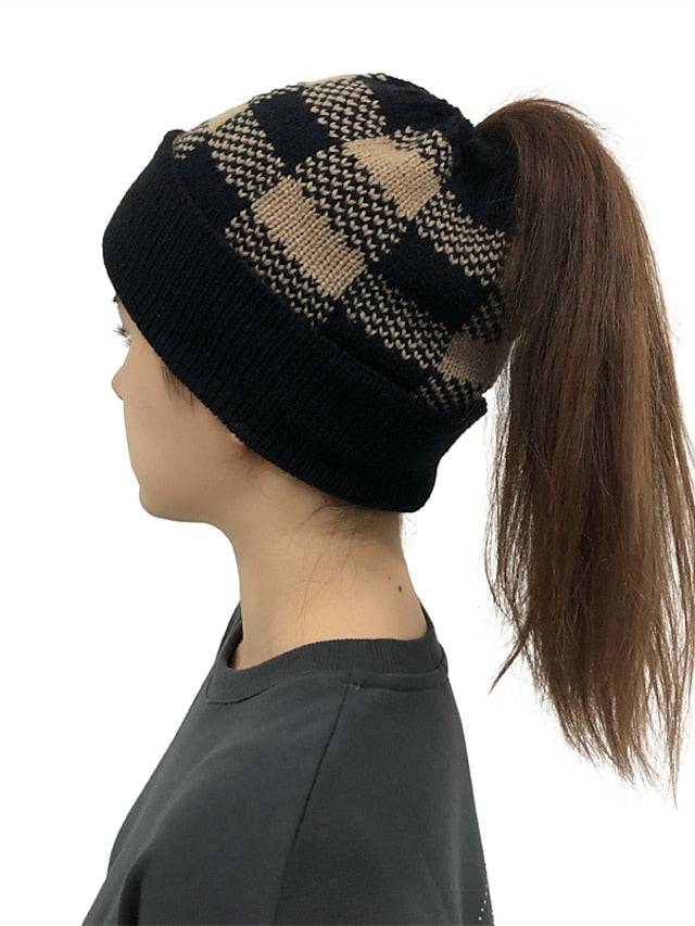 Hat Beanie / Slouchy Black Khaki Red Outdoor Home Street Knit Plaid Windproof Comfort Warm for Women