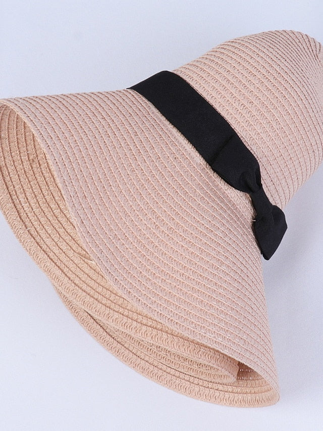 Hat Straw Hat Black Pink Khaki Outdoor Daily Holiday Braided Bow Pure Color Portable Sun Protection Breathable for Women