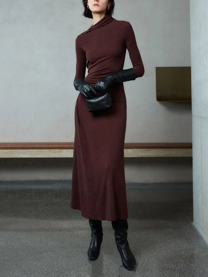 Bodycon Asymmetrical Neck Long Modern Sleeve Ruched Maxi Dress