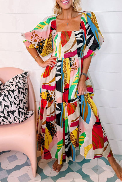 Abstract Face Print Pocket Long Sleeve Dress