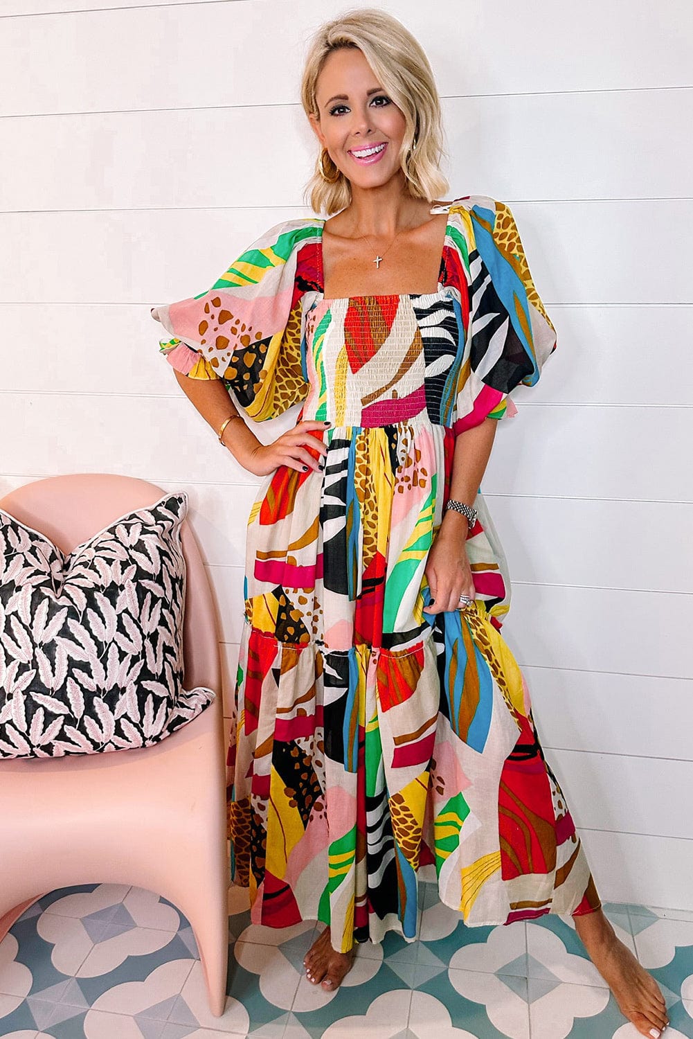 Abstract Face Print Pocket Long Sleeve Dress