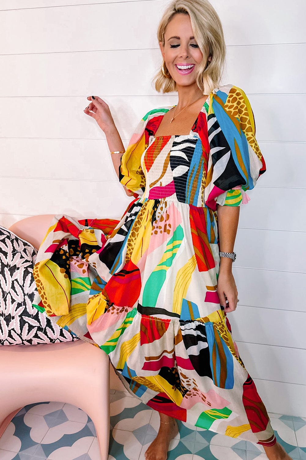 Abstract Face Print Pocket Long Sleeve Dress
