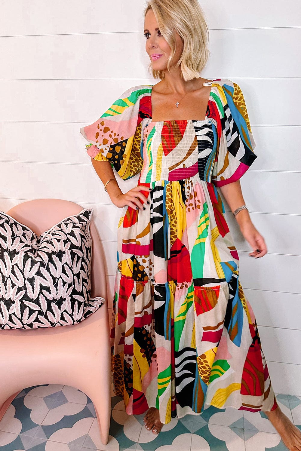Abstract Face Print Pocket Long Sleeve Dress