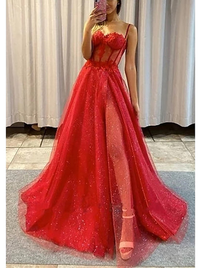 A-Line Prom Dresses Glitter Formal Gothic Dress Graduation Floor Length Sleeveless Sweetheart Spaghetti Tulle with Slit 2023