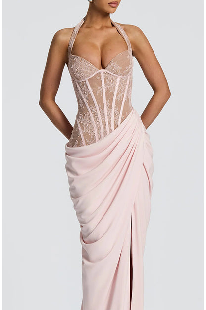 Bonita Floral Lace Contrast Structural Detail Asymmetrical Pleats Halter Slit Maxi Dress