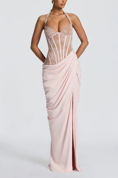 Bonita Floral Lace Contrast Structural Detail Asymmetrical Pleats Halter Slit Maxi Dress