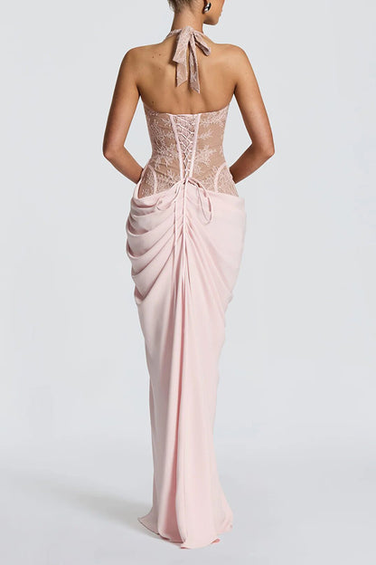 Bonita Floral Lace Contrast Structural Detail Asymmetrical Pleats Halter Slit Maxi Dress