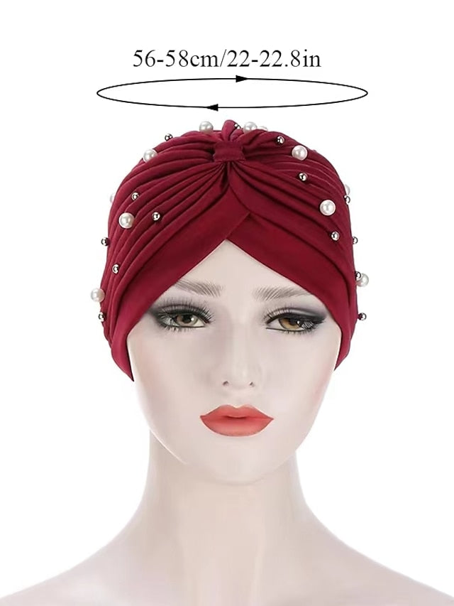 Boutique Solid Folds Pearl Muslim Turban Scarf Women Elastic Islamic Inner Hijab Caps Arab Wrap Head Femme Musulman Turbante for Women