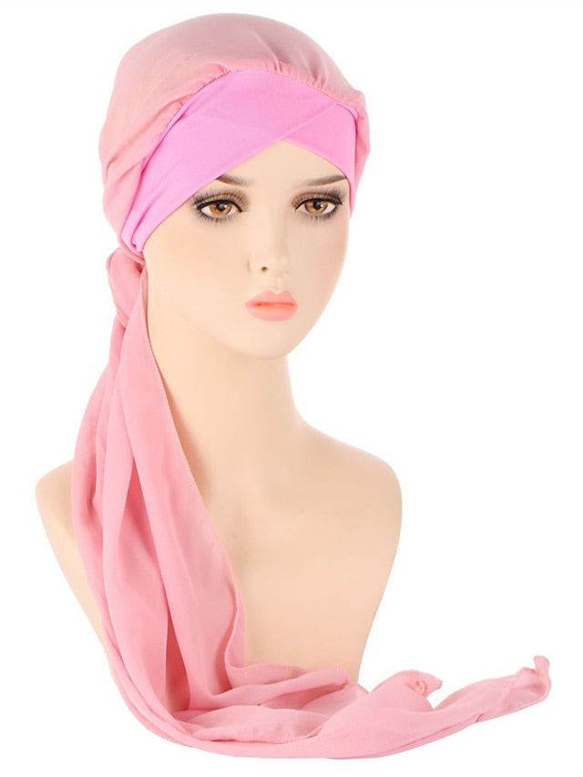 Muslim Women Chiffon Long Headscarf Islam Turban Indian Cap Plain Print Hijab Beanie Hair Care Boho Wraps Hat for Women