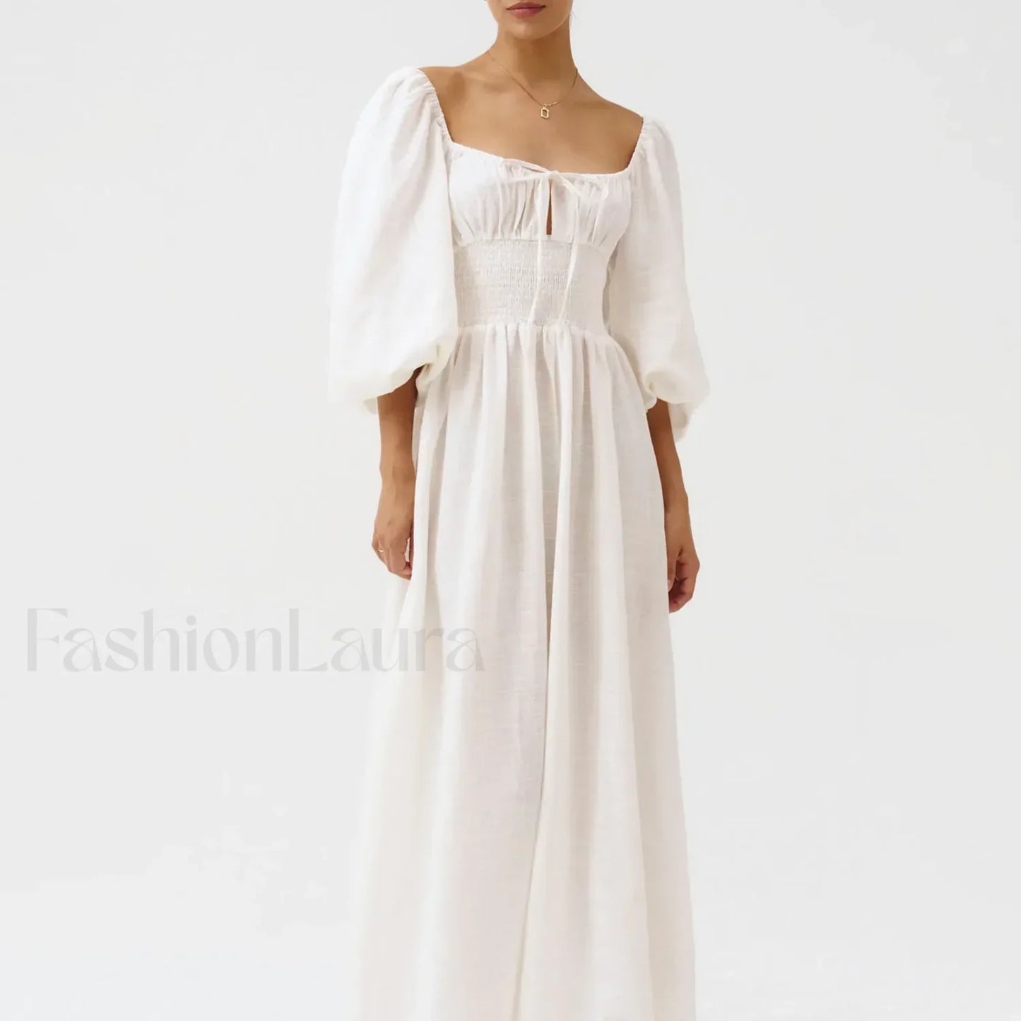 Bow-Front Smocked Midi Dress