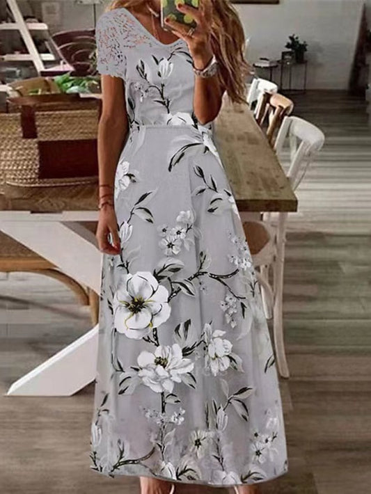 A Line Dress Long Dress Maxi Dress Gray Short Sleeve Floral Lace Spring Summer V Neck Casual  S M L XL XXL for Women