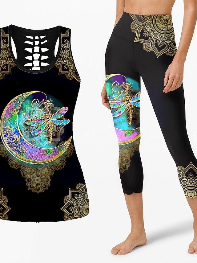 21Grams Women's Workout Sets 2 Piece Butterfly Tank Top Capri Leggings Clothing Suit Black Golden Yoga Fitness Gym Workout Tummy Control Butt Lift Breathable Sleeveless Sport Activewear Stretchy