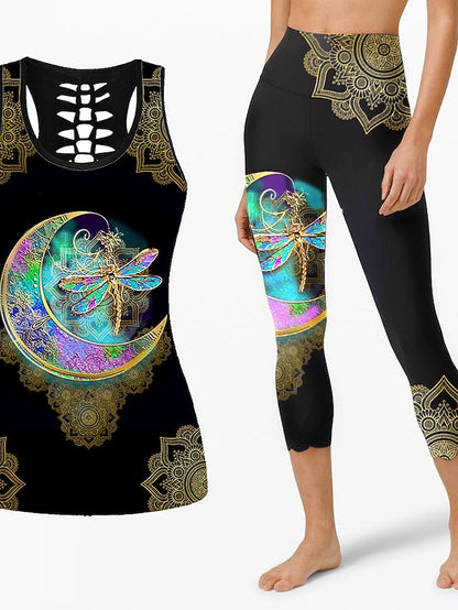 21Grams Women's Workout Sets 2 Piece Butterfly Tank Top Capri Leggings Clothing Suit Black Golden Yoga Fitness Gym Workout Tummy Control Butt Lift Breathable Sleeveless Sport Activewear Stretchy