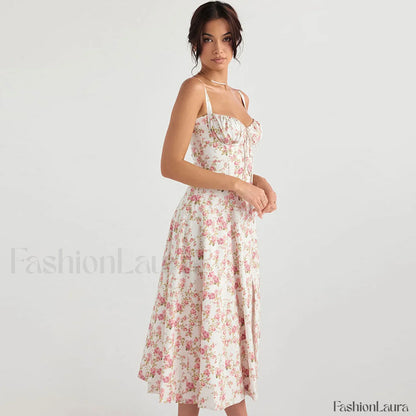 Breezy Floral Printed Lace Up Back Tie String Slit Midi Sundress - Pink