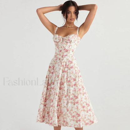 Breezy Floral Printed Lace Up Back Tie String Slit Midi Sundress - Pink