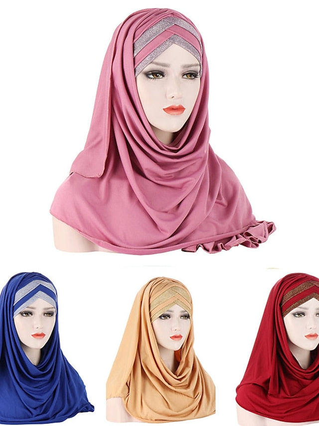 Forehead Cross Hair Wrap Scarf Solid Color Glitter Sequins Jersey Hijabs Muslim Headband Women Turban Hair Cap Headscarf for Women