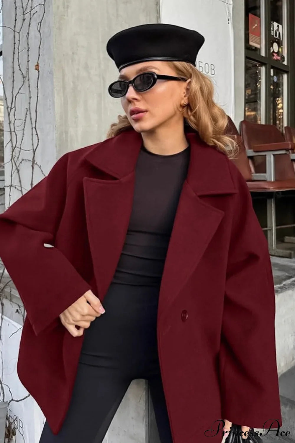 Brown Tie-Waist Wool Blend Loose Mid-Length Coat