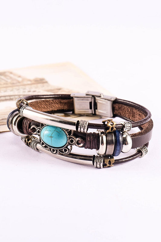 Unique Brown Turquoise Layered Faux Leather Bracelet