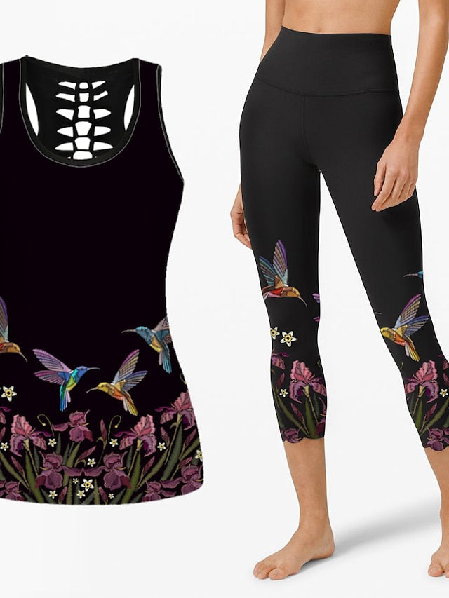 21Grams Women's Workout Sets 2 Piece Butterfly Tank Top Capri Leggings Clothing Suit Black Golden Yoga Fitness Gym Workout Tummy Control Butt Lift Breathable Sleeveless Sport Activewear Stretchy