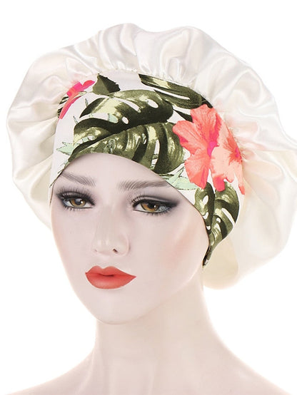 Women Satin Night Beauty Salon Sleep Cap Bonnet Hat Silk Headwrap Floral Print Wide Elastic Band Curly Springy Hair Chemo Cap Sleep Cap for Women
