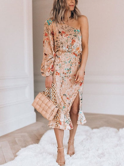 A Line Dress Midi Dress Beige Long Sleeve Floral Ruffle Winter Fall Autumn One Shoulder Vacation Winter Dress Fall Dress Spring Dress Loose Fit  S M L XL for Women