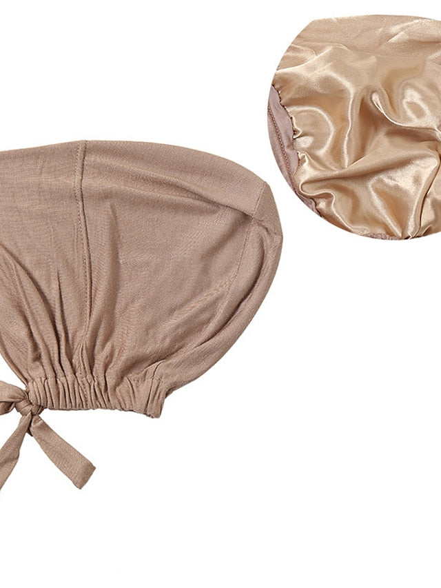 Muslim Satin Hijab Cap Full Cover Inner Hat Islamic Head Wear Stretch Turban Underscarf Bonnet Straps Headband for Women