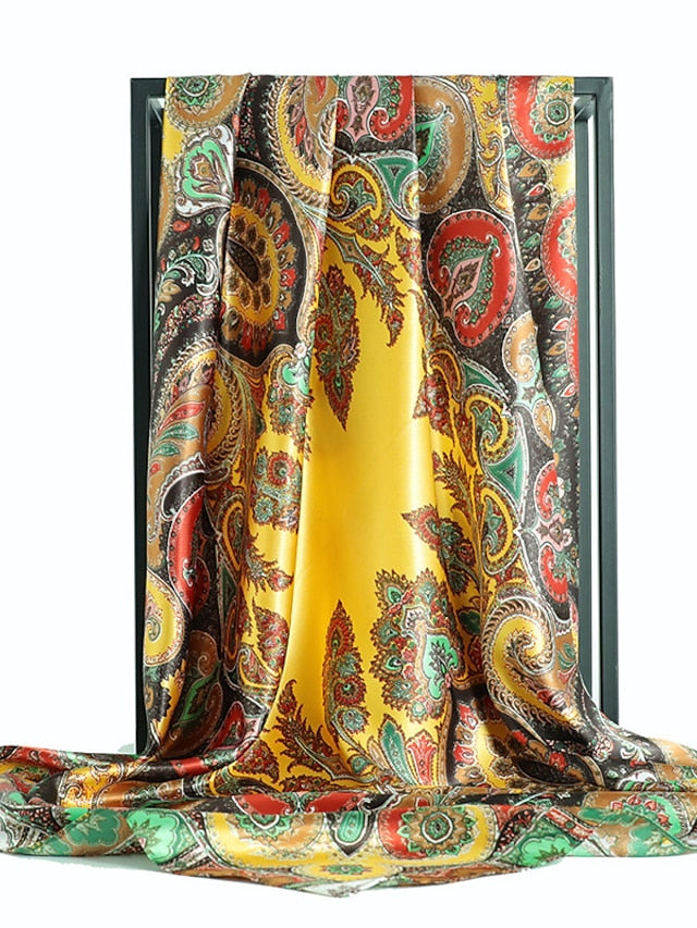 Vintage Flowers Square Scarf For Women Shawls Neckerchief Female Print Headband On the Head Wraps Foulard Hijab Hair Bands 90*90cm for Women