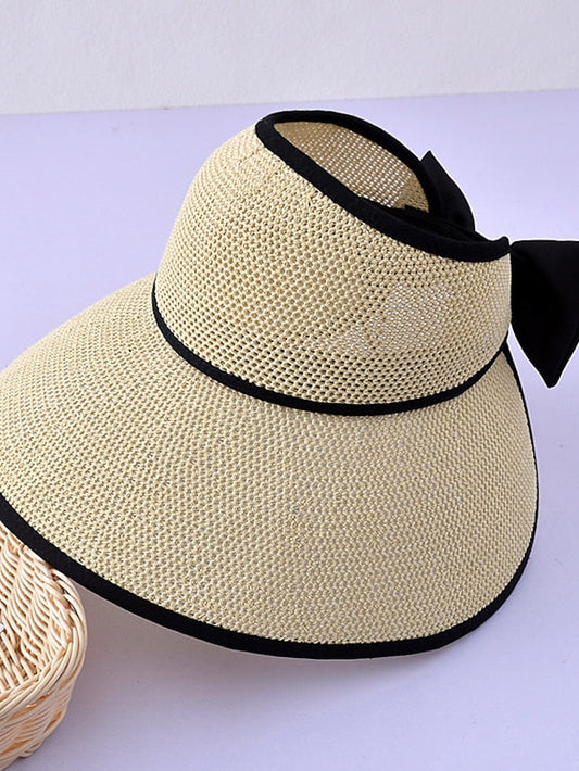 Breathable Hat Summer Wide Brim Air Sun Hats UV Protection Top Empty Hat Bow Hollow Straw Hat Adjustable Ladies Foldable Beach Hat for Women