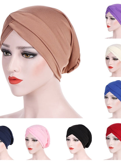 Solid Stretch Fabric Forehead Cross India Cap Turban Hat Women Elastic Turban Muslim Hijab Islamic India Hair Loss Caps Scarf Headwraps for Women